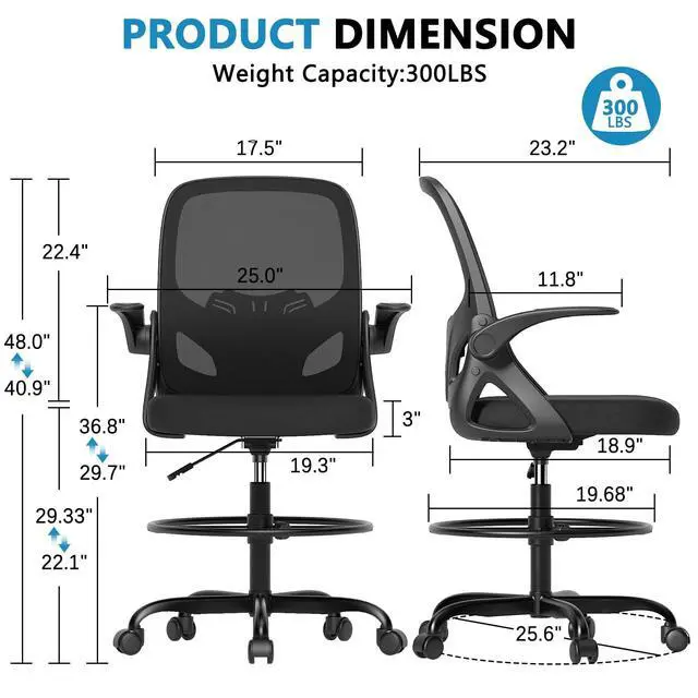 Alt view image 7 of 7 - Drafting Chair Tall Office Chair, Ergonomic Standing Desk Chair with Adjustable Foot Ring and Flip-up Armrests, Mesh Computer Chair for Art Studio, 300 LBS, Black