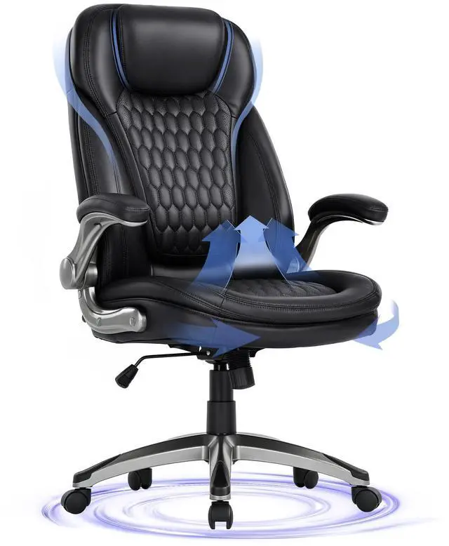 Main image of Executive Office Chair-Ergonomic Computer Desk Chair, High Back Leather Chair with Padded Flip-up Arms, Swivel Home Office Chair Upgraded Caster-Black