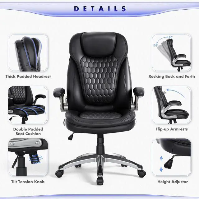Alt view image 3 of 5 - Executive Office Chair-Ergonomic Computer Desk Chair, High Back Leather Chair with Padded Flip-up Arms, Swivel Home Office Chair Upgraded Caster-Black