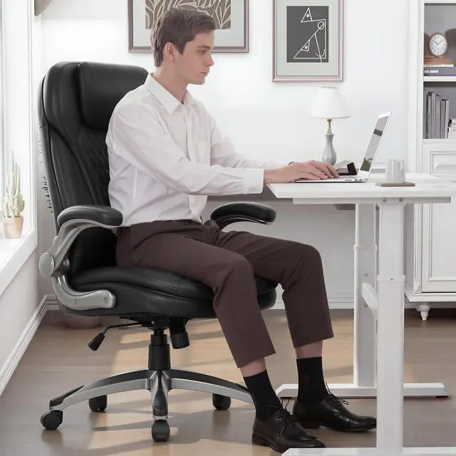 Alt view image 5 of 5 - Executive Office Chair-Ergonomic Computer Desk Chair, High Back Leather Chair with Padded Flip-up Arms, Swivel Home Office Chair Upgraded Caster-Black