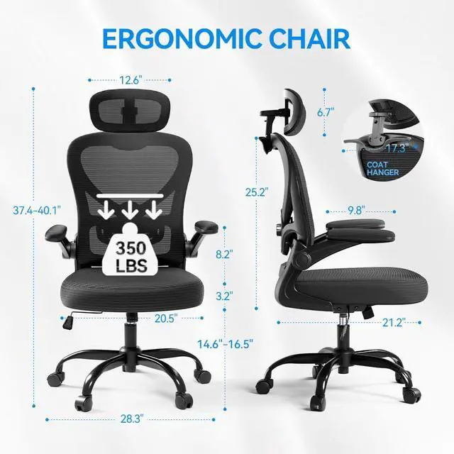 Alt view image 2 of 6 - Ergonomic Office Chair with Headrest 3D, Mesh Office Desk Chair with Adjustable Lumbar Support, Computer Chair with Flip up Armrests, 350LBS Capacity - Design for Home/Offices - Black