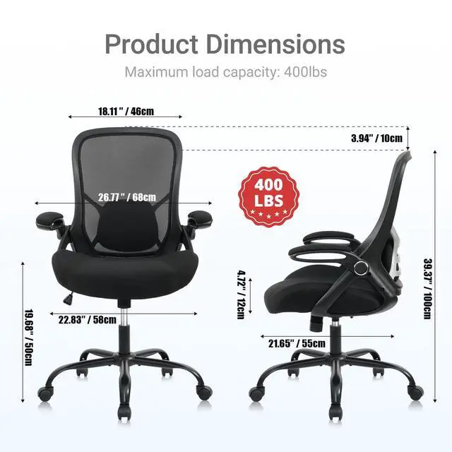 Alt view image 2 of 7 - Big and Tall 400lbs Heavy Duty Office Chair, 5" Thickened Seat Ergonomic Desk Chair with Adjustable Armrests, Home Office Computer Chairs for Long Hours Mesh Executive Chair(Black)