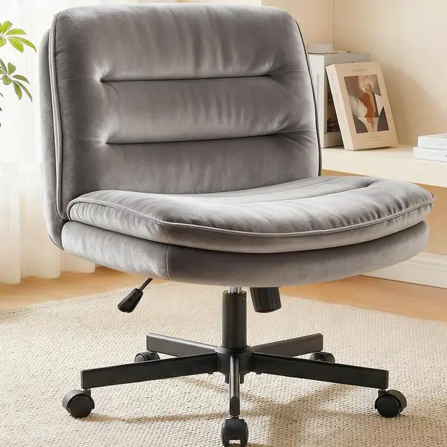 Alt view image 7 of 7 - Criss Cross Office Chair with Wheels Armless Desk Chair Comfy, Modern Vanity Chair for Home Bedroom, Comfortable Wide Seat for Lower Back Pain Relief, Soft Velvet, Gray