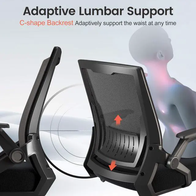 Alt view image 4 of 7 - Ergonomic Office Chair with Flip-up Armrests Executive Computer Chair for Home Office, Breathable Mesh & Comfy Lumbar Support, Pack of 2, Black