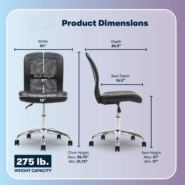 Alt view image 9 of 10 - Serta 48740 Essential Mesh Low-Back Computer Desk Task Chair with No Arms for Home Office or Conference Room, Faux Leather, Black