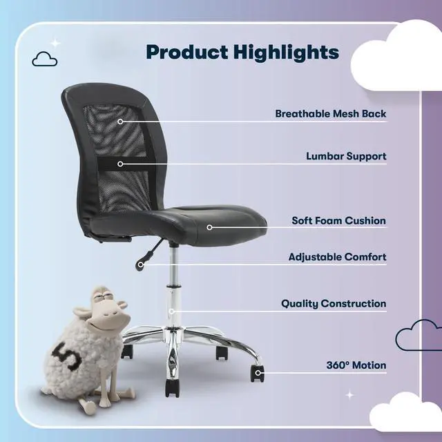 Alt view image 10 of 10 - Serta 48740 Essential Mesh Low-Back Computer Desk Task Chair with No Arms for Home Office or Conference Room, Faux Leather, Black
