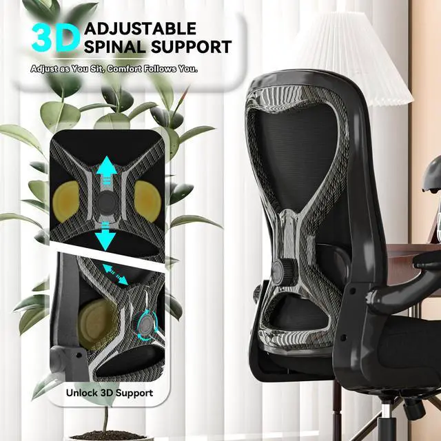 Alt view image 2 of 7 - Office Desk Chair with Ergonomic Lumbar Support, Extra-Thick Seat Cushion, Flip-up Arms, Breathable Mesh Back, Computer Task Chair for Home Office