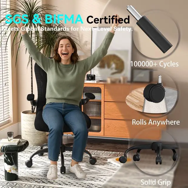 Alt view image 4 of 7 - Office Desk Chair with Ergonomic Lumbar Support, Extra-Thick Seat Cushion, Flip-up Arms, Breathable Mesh Back, Computer Task Chair for Home Office