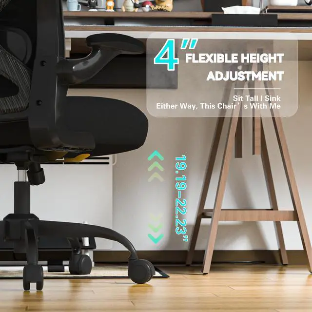 Alt view image 6 of 7 - Office Desk Chair with Ergonomic Lumbar Support, Extra-Thick Seat Cushion, Flip-up Arms, Breathable Mesh Back, Computer Task Chair for Home Office
