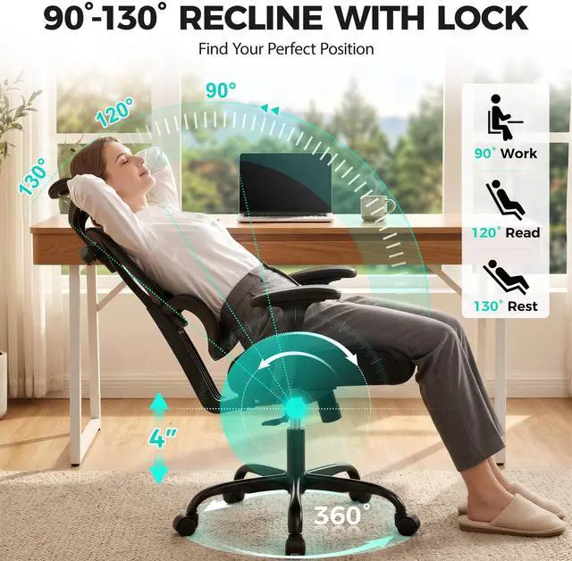 Alt view image 2 of 7 - Ergonomic Office Chair High Back Desk Chair with Lumbar Support, Breathable Mesh Computer Chair with Adjustable Armrests Height, Reclining Swivel Big and Tall Gaming Chair for Home Office(Black)