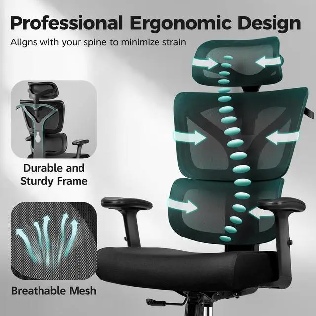 Alt view image 5 of 7 - Ergonomic Office Chair High Back Desk Chair with Lumbar Support, Breathable Mesh Computer Chair with Adjustable Armrests Height, Reclining Swivel Big and Tall Gaming Chair for Home Office(Black)