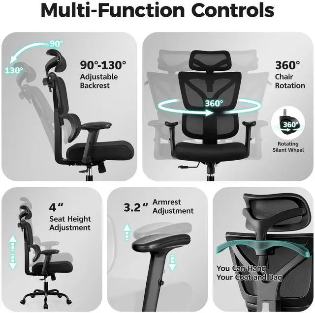 Alt view image 7 of 7 - Ergonomic Office Chair High Back Desk Chair with Lumbar Support, Breathable Mesh Computer Chair with Adjustable Armrests Height, Reclining Swivel Big and Tall Gaming Chair for Home Office(Black)