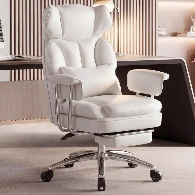 Main image of Home Office Desk Executive Chair - Ergonomic Big Tall High Back with Footrest & Lumbar Support, Reclining Height Adjustable, Comfy PU Leather Computer Gaming with Swivel Wheels, White