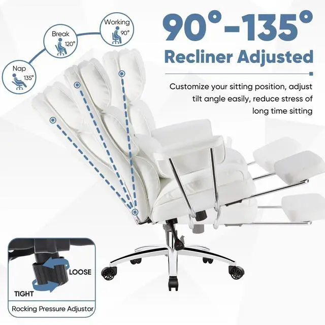 Alt view image 2 of 7 - Home Office Desk Executive Chair - Ergonomic Big Tall High Back with Footrest & Lumbar Support, Reclining Height Adjustable, Comfy PU Leather Computer Gaming with Swivel Wheels, White