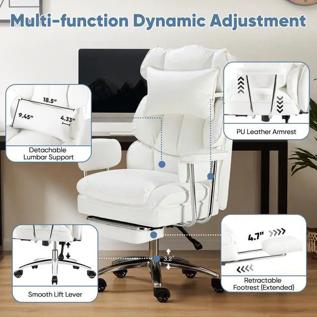 Alt view image 3 of 7 - Home Office Desk Executive Chair - Ergonomic Big Tall High Back with Footrest & Lumbar Support, Reclining Height Adjustable, Comfy PU Leather Computer Gaming with Swivel Wheels, White