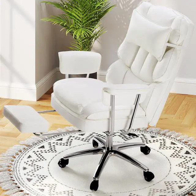 Alt view image 5 of 7 - Home Office Desk Executive Chair - Ergonomic Big Tall High Back with Footrest & Lumbar Support, Reclining Height Adjustable, Comfy PU Leather Computer Gaming with Swivel Wheels, White