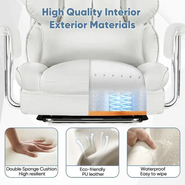 Alt view image 4 of 7 - Home Office Desk Executive Chair - Ergonomic Big Tall High Back with Footrest & Lumbar Support, Reclining Height Adjustable, Comfy PU Leather Computer Gaming with Swivel Wheels, White