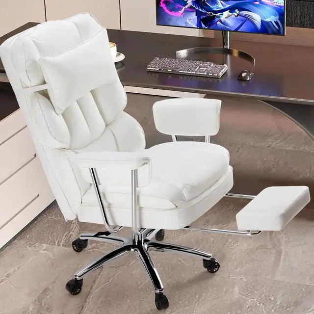 Alt view image 6 of 7 - Home Office Desk Executive Chair - Ergonomic Big Tall High Back with Footrest & Lumbar Support, Reclining Height Adjustable, Comfy PU Leather Computer Gaming with Swivel Wheels, White