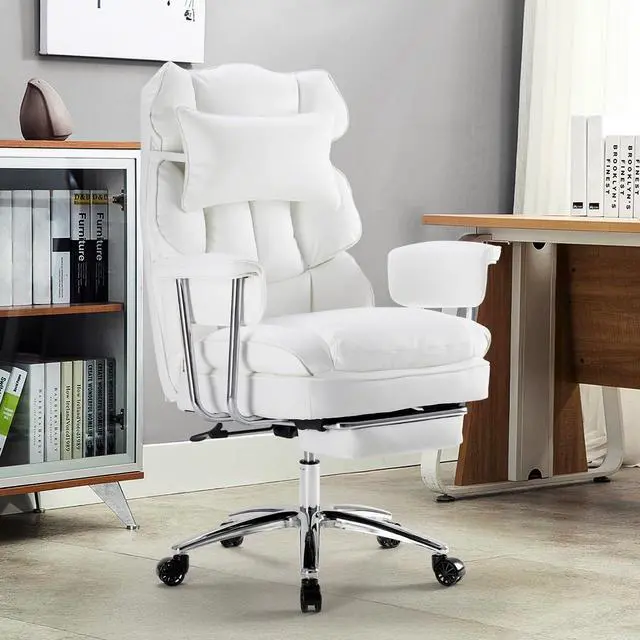 Alt view image 7 of 7 - Home Office Desk Executive Chair - Ergonomic Big Tall High Back with Footrest & Lumbar Support, Reclining Height Adjustable, Comfy PU Leather Computer Gaming with Swivel Wheels, White