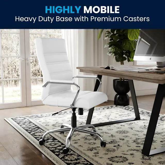 Alt view image 6 of 7 - Whitney High-Back Swivel LeatherSoft Desk Chair with Padded Seat and Armrests, Adjustable Height Padded Office Chair, White/Chrome