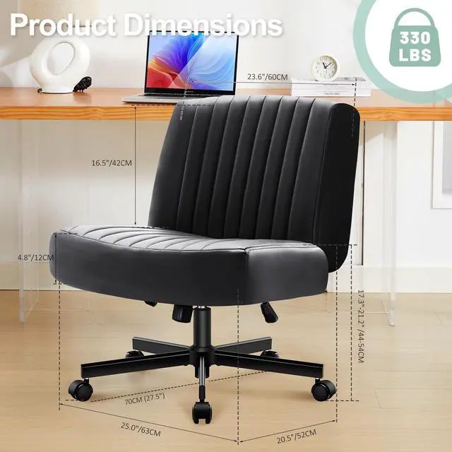 Alt view image 2 of 7 - Criss Cross Chair with Wheels,Thick Padded Leather Cross Legged Office Desk Chair with Pocket Spring Cushion,Dual-Purpose Base,Wide Adjustable Computer Home Office Vanity Chair,Black