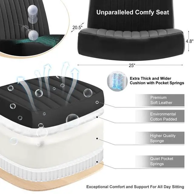Alt view image 3 of 7 - Criss Cross Chair with Wheels,Thick Padded Leather Cross Legged Office Desk Chair with Pocket Spring Cushion,Dual-Purpose Base,Wide Adjustable Computer Home Office Vanity Chair,Black