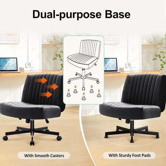 Alt view image 4 of 7 - Criss Cross Chair with Wheels,Thick Padded Leather Cross Legged Office Desk Chair with Pocket Spring Cushion,Dual-Purpose Base,Wide Adjustable Computer Home Office Vanity Chair,Black