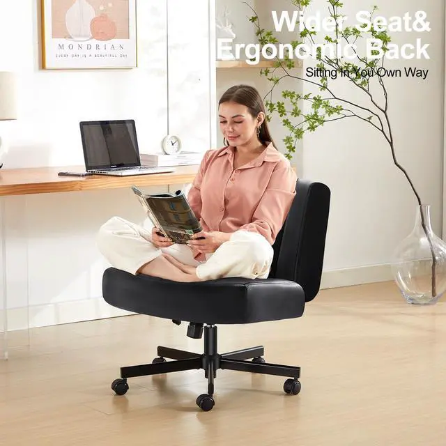 Alt view image 6 of 7 - Criss Cross Chair with Wheels,Thick Padded Leather Cross Legged Office Desk Chair with Pocket Spring Cushion,Dual-Purpose Base,Wide Adjustable Computer Home Office Vanity Chair,Black