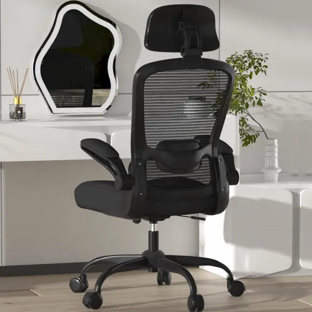Main image of Office Chair, High Back Ergonomic Desk Chair with Adjustable Lumbar Support and Headrest, with flip-up Armrests for Guitar Playing, 5 Years Warranty (Modern, Black(Black Frame))