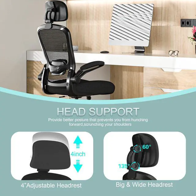 Alt view image 4 of 7 - Office Chair, High Back Ergonomic Desk Chair with Adjustable Lumbar Support and Headrest, with flip-up Armrests for Guitar Playing, 5 Years Warranty (Modern, Black(Black Frame))