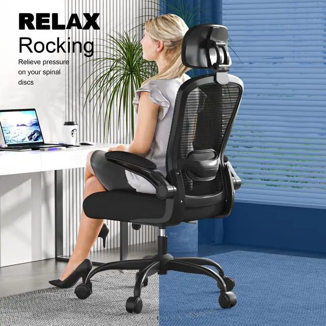 Alt view image 5 of 7 - Office Chair, High Back Ergonomic Desk Chair with Adjustable Lumbar Support and Headrest, with flip-up Armrests for Guitar Playing, 5 Years Warranty (Modern, Black(Black Frame))