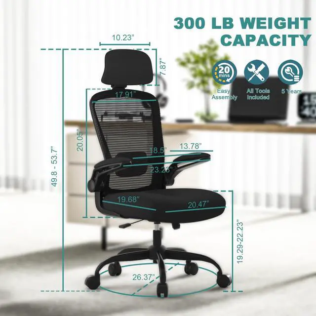 Alt view image 7 of 7 - Office Chair, High Back Ergonomic Desk Chair with Adjustable Lumbar Support and Headrest, with flip-up Armrests for Guitar Playing, 5 Years Warranty (Modern, Black(Black Frame))