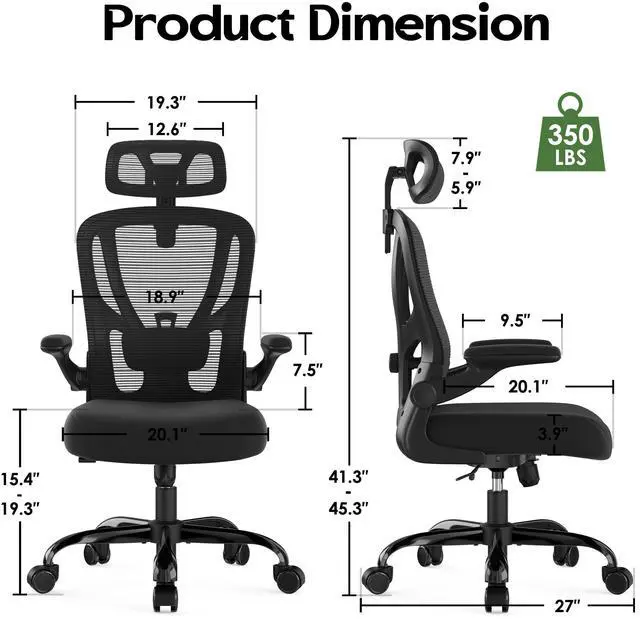 Alt view image 2 of 7 - Office Chair Ergonomic Desk Chair - Mesh High Back Office Chair with Headrests Wheels Lumbar Support Home Desk Office Chairs Flip up Armrest Executive Rolling Swivel Task Computer Chair Black