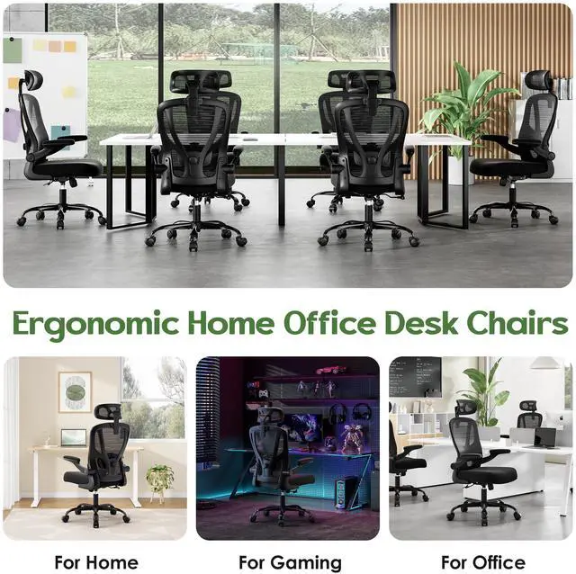 Alt view image 3 of 7 - Office Chair Ergonomic Desk Chair - Mesh High Back Office Chair with Headrests Wheels Lumbar Support Home Desk Office Chairs Flip up Armrest Executive Rolling Swivel Task Computer Chair Black