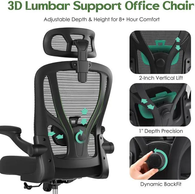 Alt view image 4 of 7 - Office Chair Ergonomic Desk Chair - Mesh High Back Office Chair with Headrests Wheels Lumbar Support Home Desk Office Chairs Flip up Armrest Executive Rolling Swivel Task Computer Chair Black