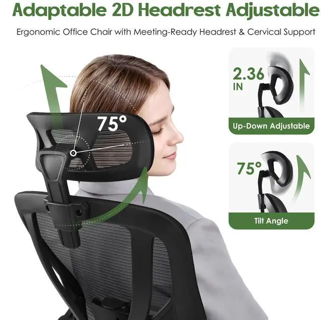 Alt view image 5 of 7 - Office Chair Ergonomic Desk Chair - Mesh High Back Office Chair with Headrests Wheels Lumbar Support Home Desk Office Chairs Flip up Armrest Executive Rolling Swivel Task Computer Chair Black