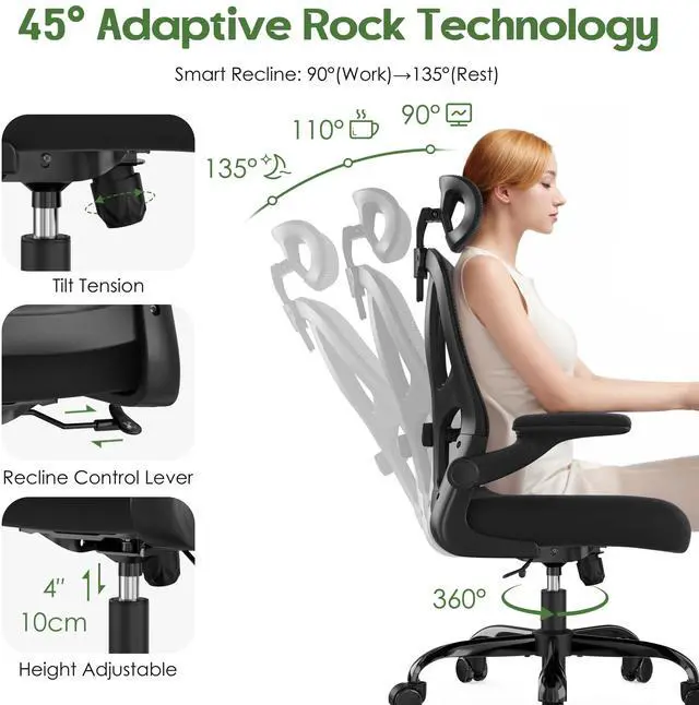 Alt view image 6 of 7 - Office Chair Ergonomic Desk Chair - Mesh High Back Office Chair with Headrests Wheels Lumbar Support Home Desk Office Chairs Flip up Armrest Executive Rolling Swivel Task Computer Chair Black