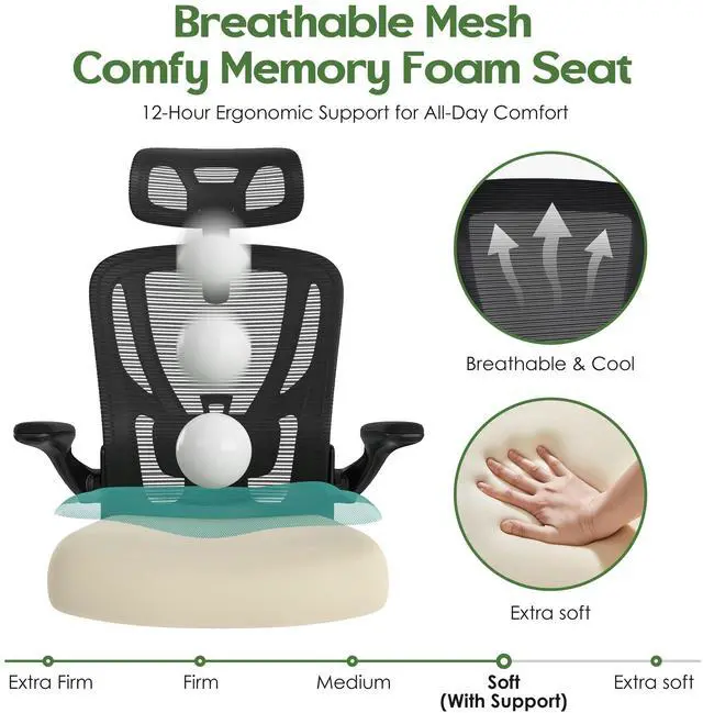 Alt view image 7 of 7 - Office Chair Ergonomic Desk Chair - Mesh High Back Office Chair with Headrests Wheels Lumbar Support Home Desk Office Chairs Flip up Armrest Executive Rolling Swivel Task Computer Chair Black