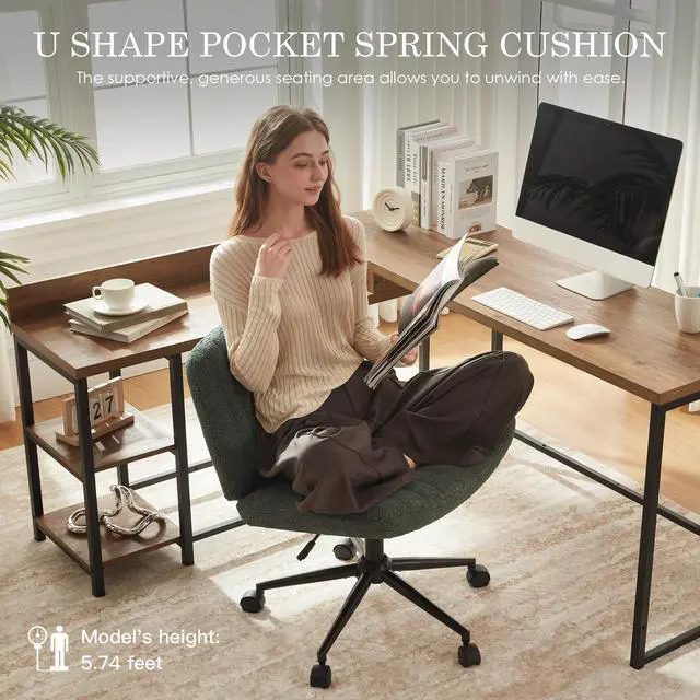 Alt view image 3 of 6 - Criss Cross Chair with Wheels, Preminum Fabric and Pocket Spring Cushion, Adjustable Swivel Wide Seat Computer Chair, Morden Design Vanity Chair Green