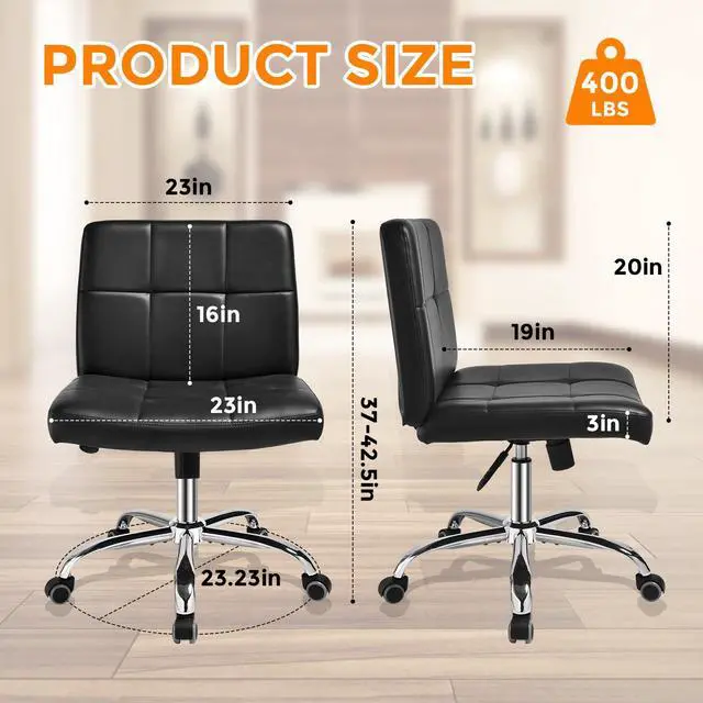 Alt view image 2 of 7 - Black Office Chair with Wheels - 360° Swivel Armless Back SupportComfortable Pu Adjustable Rolling Desk Chairs for OfficeHomeVanityBedroomBig Space (Widened Black)