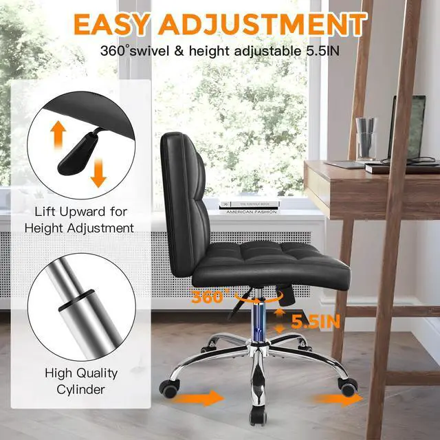 Alt view image 5 of 7 - Black Office Chair with Wheels - 360° Swivel Armless Back SupportComfortable Pu Adjustable Rolling Desk Chairs for OfficeHomeVanityBedroomBig Space (Widened Black)