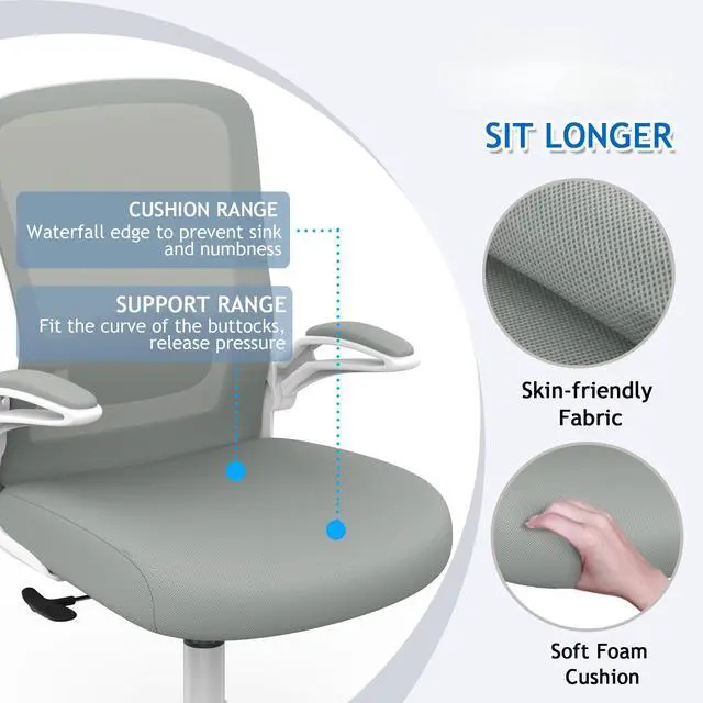 Alt view image 5 of 7 - Ergonomic High Back Mesh Office Chair, Adjustable Lumbar Support, Thickened Seat Cushion (Modern, Moon Gray)
