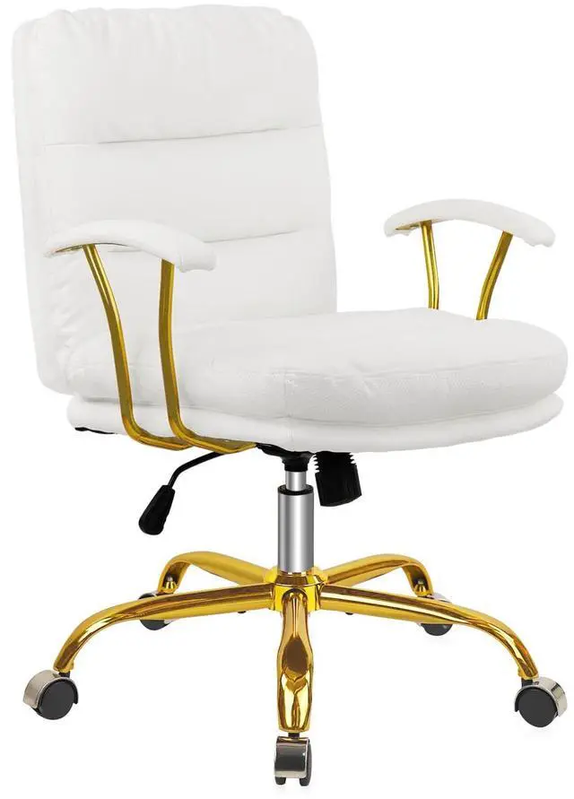 Main image of Leather Home Office Desk Chair, Mid-Back Vanity Chair Make Up Chair with Gold Wheels & Removable Armrests, Rolling Swivel Computer Task Chair for Office Bedroom Living Room Girls Women, White