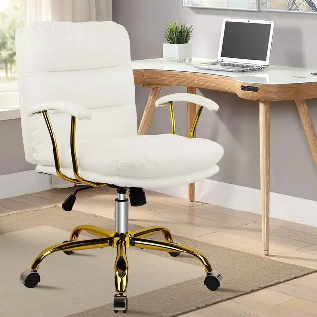 Alt view image 2 of 7 - Leather Home Office Desk Chair, Mid-Back Vanity Chair Make Up Chair with Gold Wheels & Removable Armrests, Rolling Swivel Computer Task Chair for Office Bedroom Living Room Girls Women, White
