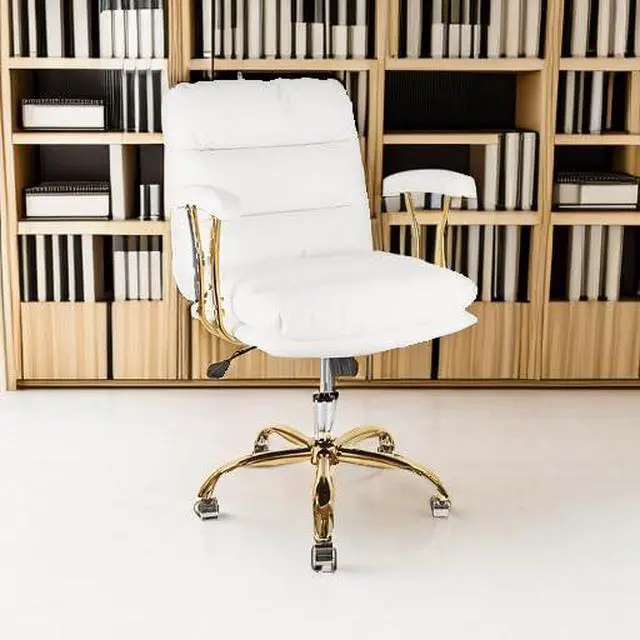 Alt view image 5 of 7 - Leather Home Office Desk Chair, Mid-Back Vanity Chair Make Up Chair with Gold Wheels & Removable Armrests, Rolling Swivel Computer Task Chair for Office Bedroom Living Room Girls Women, White