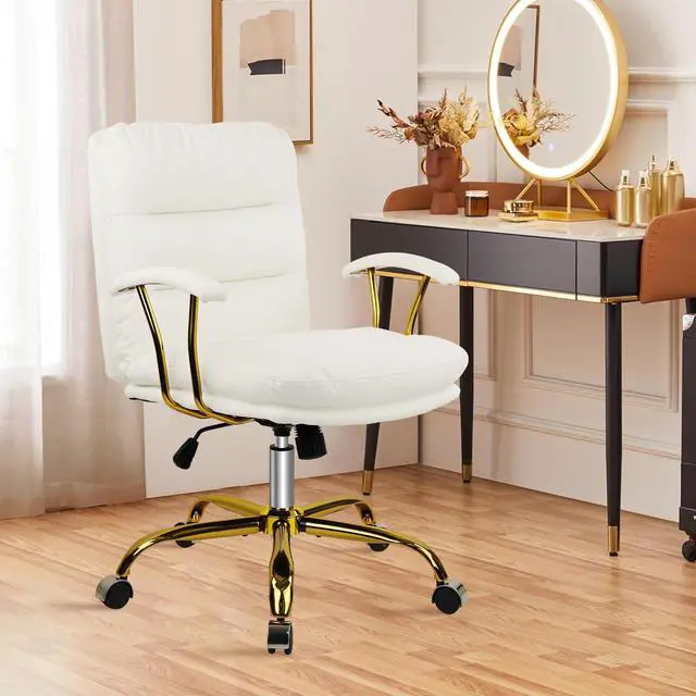 Alt view image 3 of 7 - Leather Home Office Desk Chair, Mid-Back Vanity Chair Make Up Chair with Gold Wheels & Removable Armrests, Rolling Swivel Computer Task Chair for Office Bedroom Living Room Girls Women, White