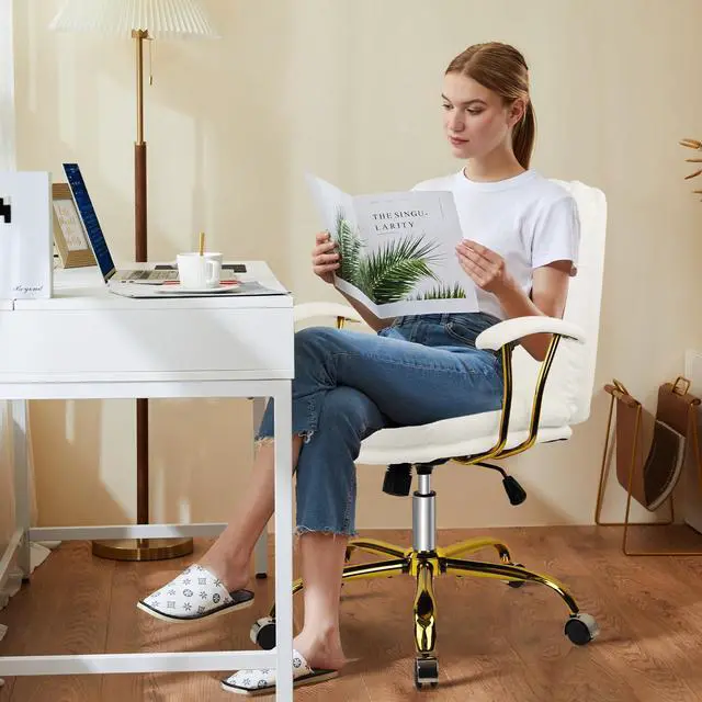 Alt view image 4 of 7 - Leather Home Office Desk Chair, Mid-Back Vanity Chair Make Up Chair with Gold Wheels & Removable Armrests, Rolling Swivel Computer Task Chair for Office Bedroom Living Room Girls Women, White
