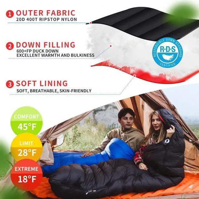 Alt view image 3 of 7 - Down Sleeping Bag for Adults 600 Fill Power Down Sleeping Bag Cold Weather Ultralight Sleeping Bag with Compression Sack for Backpacking, Camping, Hiking (800g Down Filling-Black-Right Zip)