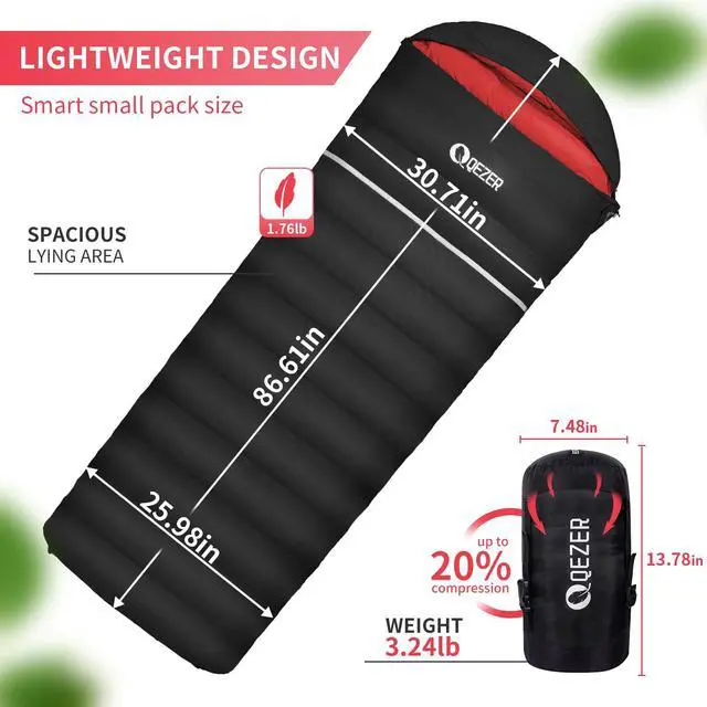 Alt view image 2 of 7 - Down Sleeping Bag for Adults 600 Fill Power Down Sleeping Bag Cold Weather Ultralight Sleeping Bag with Compression Sack for Backpacking, Camping, Hiking (800g Down Filling-Black-Right Zip)