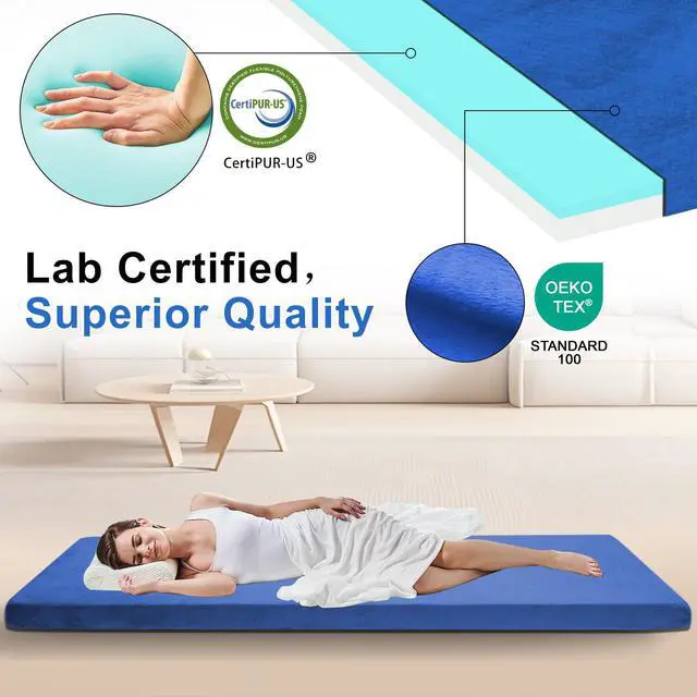 Alt view image 2 of 7 - Memory Foam Camping Mattress pad, Comfortable Thick Floor Sleeping Mat for Adults with Non-Slip Bottom, Portable Roll Up Mattress for Sleepover Guest,Cot Mad for Car Camping(Blue Single:75 * 30 * 3")
